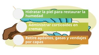 Hidratar la piel para restaurar la
humedad
Administrar corticoides en
cremas
Retire apósitos, gasas y vendajes
por capas
 