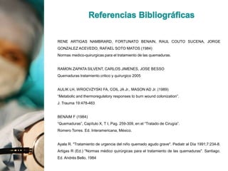 RENE ARTIGAS NAMBRARD, FORTUNATO BENAIN, RAUL COUTO SUCENA, JORGE
GONZALEZ ACEVEDO, RAFAEL SOTO MATOS (1984)
Normas medico-quirurgicas para el tratamiento de las quemaduras.
RAMON ZAPATA SILVENT, CARLOS JIMENES, JOSE BESSO
Quemaduras tratamiento critico y quirurgico 2005
AULIK LH, WROCVZYSKI FA, COIL JA Jr., MASON AD Jr. (1989)
“Metabolic and thermoregulatory responses to burn wound colonization”.
J. Trauma 19:478-483
BENAIM F (1984)
“Quemaduras”, Capítulo X, T I, Pag. 259-309, en el “Tratado de Cirugía”.
Romero Torres. Ed. Interamericana, México.
Ayala R. "Tratamiento de urgencia del niño quemado agudo grave". Pediatr al Día 1991;7:234-8.
Artigas R (Ed.) "Normas médico quirúrgicas para el tratamiento de las quemaduras". Santiago.
Ed. Andrés Bello, 1984
 