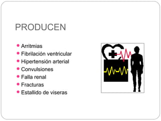 PRODUCEN
Arritmias
Fibrilación ventricular
Hipertensión arterial
Convulsiones
Falla renal
Fracturas
Estallido de viseras
 