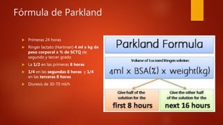 Fórmula de Parkland
 Primeras 24 horas
 Ringer lactato (Hartman) 4 ml x kg de
peso corporal x % de SCTQ de
segundo y tercer grado
 La 1/2 en las primeras 8 horas
 1/4 en las segundas 8 horas y 1/4
en las terceras 8 horas
 Diuresis de 30-70 ml/h
 