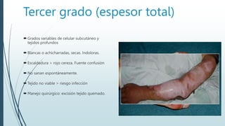 Tercer grado (espesor total)
 Grados variables de celular subcutáneo y
tejidos profundos
 Blancas o achicharradas, secas. Indoloras.
 Escaldadura > rojo cereza. Fuente confusión
 No sanan espontáneamente.
 Tejido no viable > riesgo infección
 Manejo quirúrgico: excisión tejido quemado.
 