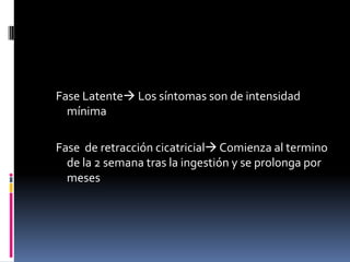 Fase Latente Los síntomas son de intensidad
mínima
Fase de retracción cicatricial Comienza al termino
de la 2 semana tras la ingestión y se prolonga por
meses
 
