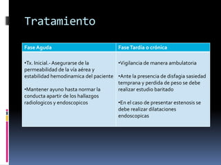 Tratamiento
Fase Aguda FaseTardía o crónica
•Tx. Inicial.-Asegurarse de la
permeabilidad de la vía aérea y
estabilidad hemodinamica del paciente
•Mantener ayuno hasta normar la
conducta apartir de los hallazgos
radiologicos y endoscopicos
•Vigilancia de manera ambulatoria
•Ante la presencia de disfagia sasiedad
temprana y perdida de peso se debe
realizar estudio baritado
•En el caso de presentar estenosis se
debe realizar dilataciones
endoscopicas
 