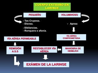 CUERPO EXTRAÑO EN
LARINGE
PEQUEÑO VOLUMINOSO
MANIOBRA DE
HEIMLICH
VÍA AÉREA PERMEABLE
VÍA AÉREA
COMPROMETIDDA
REMISIÓN
A.S.S
RESTABLECER VÍA
AÉREA
EXÁMEN DE LA LARINGE
- Tos Cruposa.
- Disnea. - Apnea
- Sibilancias.
- Ronquera o afonía.
 
