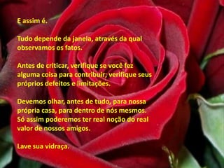 E assim é. Tudo depende da janela, através da qual observamos os fatos. Antes de criticar, verifique se você fez alguma coisa para contribuir; verifique seus próprios defeitos e limitações. Devemos olhar, antes de tudo, para nossa própria casa, para dentro de nós mesmos. Só assim poderemos ter real noção do real valor de nossos amigos. Lave sua vidraça.