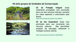 Há dois grupos de Unidades de Conservação
UC de Proteção Integral: áreas
totalmente protegidas, sem permissão
para uso dos recursos naturais, somente
em casos especiais e autorizados pelo
Ibama.
https://www.youtube.com/watch?v=p-orioBiE-Q
UC de Uso Sustentável: áreas com
permissão para uso consciente dos
recursos naturais. São permitidos
projetos de educação ambiental e
visitação turística restrita.
https://www.youtube.com/watch?v=vRLZlXL8Giw
 