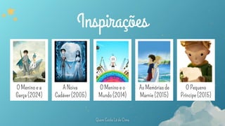 A Noiva
Cadáver (2005)
O Menino e a
Garça (2024)
O Menino e o
Mundo (2014)
As Memórias de
Marnie (2015)
O Pequeno
Príncipe (2015)
Inspirações
 
