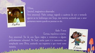 11 Anos.
Sensível, imaginativo e observador.
Arco emocional: Pedro começa negando a ausência da avó e tentando
agarrar-se às lembranças com força, mas termina aceitando que o amor
permanece mesmo quando as pessoas se vão.
Idade: 11 anos
Curiosa, impulsiva e criativa.
Arco emocional: Vai de uma figura mágica e misteriosa a alguém
profundamente vulnerável. No final, aceita quem é e reencontra sua
completude como Olívia, aceitando sua trajetória e que viverá como
memória.
Pedro
Lúcia
 