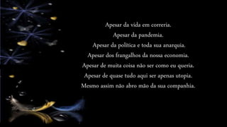 Apesar da vida em correria.
Apesar da pandemia.
Apesar da política e toda sua anarquia.
Apesar dos frangalhos da nossa economia.
Apesar de muita coisa não ser como eu queria.
Apesar de quase tudo aqui ser apenas utopia.
Mesmo assim não abro mão da sua companhia.
 