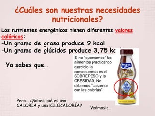 ¿Cuáles son nuestras necesidades
               nutricionales?
Los nutrientes energéticos tienen diferentes valores
calóricos:
-Un gramo de grasa produce 9 kcal
-Un gramo de glúcidos produce 3,75 kcal
                            Si no “quemamos” los

 Ya sabes que…
                            alimentos practicando
                            ejercicio la
                            consecuencia es el
                            SOBREPESO y la
                            OBESIDAD. No
                            debemos “pasarnos
                            con las calorías”

      Pero… ¿Sabes qué es una
      CALORÍA y una KILOCALORÍA?    Veámoslo…
 
