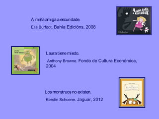 A miña amiga a escuridade.
Ella Burfoot. Bahía Edicións, 2008
Laura tiene miedo.
Josep Lluch. La Galera, 2012
Los monstruos no existen.
Kerstin Schoene. Jaguar, 2012