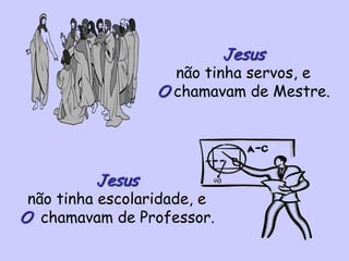 Jesus
não tinha servos, e
O chamavam de Mestre.
Jesus
não tinha escolaridade, e
O chamavam de Professor.
 