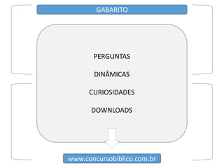 www.concursobiblico.com.br
GABARITO
PERGUNTAS
DINÂMICAS
CURIOSIDADES
DOWNLOADS
 