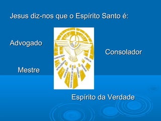 Jesus diz-nos que o Espírito Santo é:Jesus diz-nos que o Espírito Santo é:
AdvogadoAdvogado
ConsoladorConsolador
MestreMestre
Espírito da VerdadeEspírito da Verdade
 