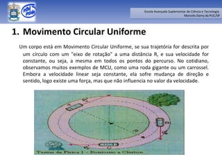 Movimento Circular Uniforme    Um corpo está em Movimento Circular Uniforme, se sua trajetória for descrita por um círculo com um "eixo de rotação" a uma distância R, e sua velocidade for constante, ou seja, a mesma em todos os pontos do percurso. No cotidiano, observamos muitos exemplos de MCU, como uma roda gigante ou um carrossel. Embora a velocidade linear seja constante, ela sofre mudança de direção e sentido, logo existe uma força, mas que não influencia no valor da velocidade. 