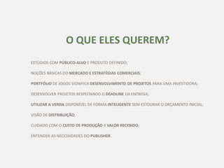 O QUE ELES QUEREM?
ESTÚDIOS COM PÚBLICO-ALVO E PRODUTO DEFINIDO;
NOÇÕES BÁSICAS DO MERCADO E ESTRATÉGIAS COMERCIAIS;
PORTFÓLIO DE JOGOS SIGNIFICA DESENVOLVIMENTO DE PROJETOS PARA UMA INVESTIDORA;
DESENVOLVER PROJETOS RESPEITANDO O DEADLINE DA ENTREGA;
UTILIZAR A VERDA DISPONÍVEL DE FORMA INTELIGENTE SEM ESTOURAR O ORÇAMENTO INICIAL;
VISÃO DE DISTRIBUIÇÃO;
CUIDADO COM O CUSTO DE PRODUÇÃO X VALOR RECEBIDO;
ENTENDER AS NECESSIDADES DO PUBLISHER.
 