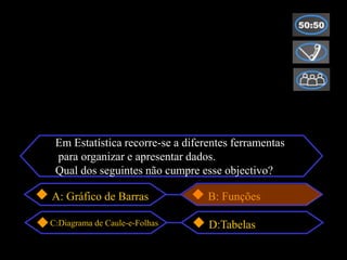 Em Estatística recorre-se a diferentes ferramentas
 para organizar e apresentar dados.
 Qual dos seguintes não cumpre esse objectivo?

A: Gráfico de Barras              B: Funções

C:Diagrama de Caule-e-Folhas      D:Tabelas
 