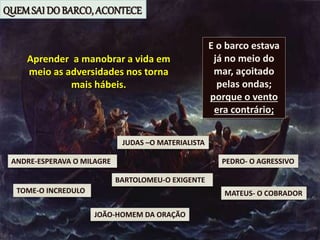 E o barco estava
já no meio do
mar, açoitado
pelas ondas;
porque o vento
era contrário;
PEDRO- O AGRESSIVO
MATEUS- O COBRADOR
JUDAS –O MATERIALISTA
JOÃO-HOMEM DA ORAÇÃO
BARTOLOMEU-O EXIGENTE
ANDRE-ESPERAVA O MILAGRE
TOME-O INCREDULO
Aprender a manobrar a vida em
meio as adversidades nos torna
mais hábeis.
QUEMSAI DO BARCO, ACONTECE
 