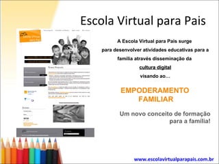 Escola Virtual para Pais EMPODERAMENTO  FAMILIAR A Escola Virtual para Pais surge  para desenvolver atividades educativas para a família através disseminação da  cultura digital visando ao… www.escolavirtualparapais.com.br   Um novo conceito de formação para a família! 