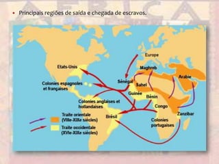 Principais regiões de saída e chegada de escravos.