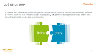 QUÉ ES UN DMP
12
A nivel de data, el DMP es una tecnología que permite unificar datos de distintas herramientas y entornos.
Su mayor potencial está en la unificación de datos on y off, permitiendo la combinación de ambos para
generar audiencias con las que comunicarnos.
#WeLoveData
 
