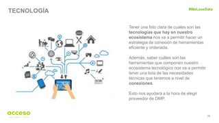 20
TECNOLOGÍA
Tener una foto clara de cuales son las
tecnologías que hay en nuestro
ecosistema nos va a permitir hacer un
estrategia de conexión de herramientas
eficiente y ordenada.
Además, saber cuáles son las
herramientas que componen nuestro
ecosistema tecnológico nos va a permitir
tener una lista de las necesidades
técnicas que tenemos a nivel de
conexiones.
Esto nos ayudará a la hora de elegir
proveedor de DMP.
#WeLoveData
 
