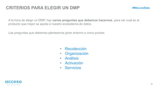 CRITERIOS PARA ELEGIR UN DMP
25
A la hora de elegir un DMP, hay varias preguntas que debemos hacernos, para ver cual es el
producto que mejor se ajusta a nuestro ecosistema de datos.
Las preguntas que debemos plantearnos giran entorno a cinco puntos:
#WeLoveData
• Recolección
• Organización
• Análisis
• Activación
• Servicios
 
