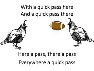 With a quick pass here
And a quick pass there
Here a pass, there a pass
Everywhere a quick pass
 