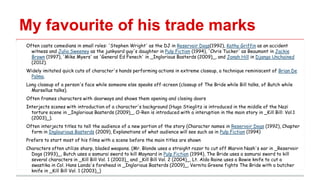 My favourite of his trade marks
Often casts comedians in small roles: 'Stephen Wright' as the DJ in Reservoir Dogs(1992), Kathy Griffin as an accident
witness and Julia Sweeney as the junkyard guy's daughter in Pulp Fiction (1994), 'Chris Tucker' as Beaumont in Jackie
Brown (1997), 'Mike Myers' as 'General Ed Fenech' in _Inglorious Basterds (2009)_, and Jonah Hill in Django Unchained
(2012).
Widely imitated quick cuts of character's hands performing actions in extreme closeup, a technique reminiscent of Brian De
Palma.
Long closeup of a person's face while someone else speaks off-screen (closeup of The Bride while Bill talks, of Butch while
Marsellus talks).
Often frames characters with doorways and shows them opening and closing doors
Interjects scenes with introduction of a character's background (Hugo Stieglitz is introduced in the middle of the Nazi
torture scene in _Inglorious Basterds (2009)_, O-Ren is introduced with a interuption in the main story in _Kill Bill: Vol.1
(2003)_).
Often interjects titles to tell the audience of a new portion of the story (Character names in Reservoir Dogs (1992), Chapter
form in Inglourious Basterds (2009), Explanations of what audience will see such as in Pulp Fiction (1994)
Prefers to start most of his films with a scene before the main titles are shown
Characters often utilize sharp, bladed weapons. (Mr. Blonde uses a straight razor to cut off Marvin Nash's ear in _Reservoir
Dogs (1993)_, Butch uses a samurai sword to kill Maynard in Pulp Fiction (1994), The Bride uses a samurai sword to kill
several characters in _Kill Bill Vol. 1 (2003)_ and _Kill Bill Vol. 2 (2004)_, Lt. Aldo Raine uses a Bowie knife to cut a
swastika in Col. Hans Landa's forehead in _Inglorious Basterds (2009)_, Vernita Greene fights The Bride with a butcher
knife in _Kill Bill Vol. 1 (2003)_)

 