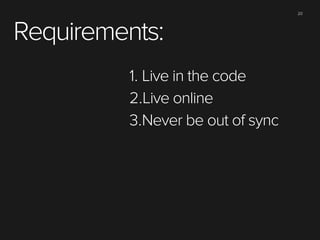 Requirements:
1. Live in the code
2.Live online
3.Never be out of sync

20

 