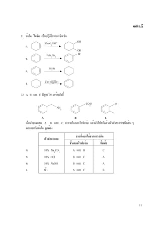 11
เคมี อ.อุ๊
31. ข้อใด ไม่จัด เป็นปฏิกิริยาออกซิเดชัน
ก.
ข.
ค.
ง. ตัวเร่งปฏิกิริยา
3H2
/Pt
FeBr3
/Br2
KMnO4
/HO− OH
OH
Br
32. A B และ C มีสูตรโครงสร้างดังนี้
NH2
CO2
H Cl
A B C
เมื่อนำของผสม A B และ C ละลายในคลอโรฟอร์ม แล้วนำไปสกัดด้วยตัวทำละลายชนิดต่าง ๆ
ผลการสกัดข้อใด ถูกต้อง
สารที่แยกได้จากการสกัด
ชั้นคลอโรฟอร์ม ชั้นน้ำ
ก. 10% Na2
CO3
A และ B C
ข. 10% HCl B และ C A
ค. 10% NaOH B และ C A
ง. น้ำ A และ C B
ตัวทำละลาย
 