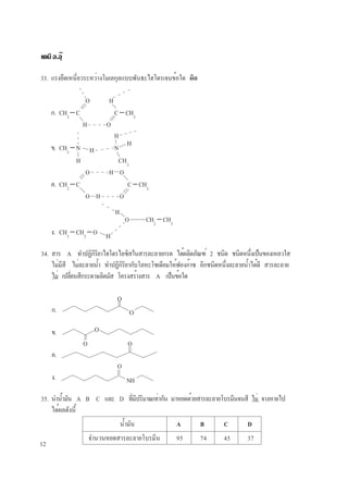 12
เคมี อ.อุ๊
33. แรงยึดเหนี่ยวระหว่างโมเลกุลแบบพันธะไฮโดรเจนข้อใด ผิด
O H
ก. CH3
−C C−CH3
H O
H
ข. CH3
−N N
H CH3
O H O
ค. CH3
−C C−CH3
O H O
O CH2
−CH3
ง. CH3
−CH2
−O
H
H
H
H
34. สาร A ทำปฏิกิริยาไฮโดรไลซิสในสารละลายกรด ได้ผลิตภัณฑ์ 2 ชนิด ชนิดหนึ่งเป็นของเหลวใส
ไม่มีสี ไม่ละลายน้ำ ทำปฏิกิริยากับโลหะโซเดียมให้ฟองก๊าซ อีกชนิดหนึ่งละลายน้ำได้ดี สารละลาย
ไม่ เปลี่ยนสีกระดาษลิตมัส โครงสร้างสาร A เป็นข้อใด
O
ก.
ข.
O O
ค.
O
ง.
O
O
NH
35. นำน้ำมัน A B C และ D ที่มีปริมาณเท่ากัน มาหยดด้วยสารละลายโบรมีนจนสี ไม่ จางหายไป
ได้ผลดังนี้
น้ำมัน A B C D
จำนวนหยดสารละลายโบรมีน 95 74 45 37
 