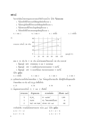 6
เคมี อ.อุ๊
ในการลำเลียงก๊าซจากหลุมเจาะกลางทะเลไปยังโรงแยกก๊าซ ข้อใด ไม่เหมาะสม
1. ใช้ท่อเหล็กที่มีโลหะแมกนีเซียมผูกติดท่อเป็นระยะ ๆ
2. ใช้ท่ออะลูมิเนียมที่มีโลหะแมกนีเซียมผูกติดเป็นระยะ ๆ
3. ใช้ท่อทองแดงที่มีโลหะเงินผูกติดอยู่เป็นระยะ ๆ
4. ใช้ท่อเหล็กที่มีโลหะทองแดงผูกติดอยู่เป็นระยะ ๆ
ก. 1 และ 2 ข. 3 และ 4 ค. 1 เท่านั้น ง. 3 เท่านั้น
13.
การละลาย (กรัม/น้ำ 100 กรัม)
0 20 40 60 80 100 120
80
60
40
20
0
X
Y
ผสม X 20 กรัม กับ Y 80 กรัม แล้วนำของผสมไปละลายน้ำ 100 กรัม จากกราฟ
1. ที่อุณหภูมิ 100o
C สารผสมของ X และ Y ละลายหมด
2. ที่อุณหภูมิ 20o
C Y ตกผลึกก่อนสามารถกรองแยกเอา Y ออกได้
3. ที่อุณหภูมิ 60o
C X ละลายได้หมด สามารถกรองแยกเอา Y ออกได้
ข้อใด ถูกต้อง
ก. 2 เท่านั้น ข. 1 และ 2 ค. 1 และ 3 ง. 2 และ 3
14. เผาอีเทนจำนวนหนึ่งกับก๊าซออกซิเจน 5 โมล ให้สมบูรณ์ในภาชนะปิด เมื่อปฏิกิริยาสิ้นสุดคงเหลือ
ก๊าซออกซิเจน 48 กรัม จะมี CO2
(g) เกิดขึ้นกี่กรัม
ก. 25 ข. 44 ค. 88 ง. 96
15. ข้อมูลของสารละลายในน้ำ X Y และ Z เป็นดังนี้
สารละลาย ตัวถูกละลาย ความเข้มข้น ปริมาตร (cm3
)
X H2
SO4
0.1 mol/dm3
1,000
Y NaOH 4% โดยมวลต่อปริมาตร 10
Z NaCl และ NaBr อย่างละ 0.01 mol 100
การเรียงลำดับ ความเข้มข้นของสารละลาย หน่วย g/cm3
ข้อใด ถูกต้อง
ก. X > Y > Z ข. Y > Z > X
ค. Z > Y > X ง. X > Z > Y
อุณหภูมิ (o
C)
 