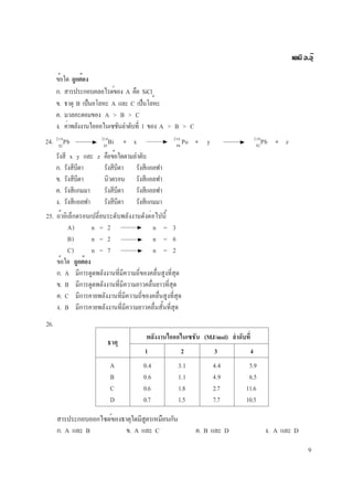 9
เคมี อ.อุ๊
ข้อใด ถูกต้อง
ก. สารประกอบคลอไรด์ของ A คือ SiCl4
ข. ธาตุ B เป็นอโลหะ A และ C เป็นโลหะ
ค. มวลอะตอมของ A > B > C
ง. ค่าพลังงานไอออไนเซชันลำดับที่ 1 ของ A > B > C
24. 214
Pb 214
Bi + x 214
Po + y 210
Pb + z
รังสี x y และ z คือข้อใดตามลำดับ
ก. รังสีบีตา รังสีบีตา รังสีแอลฟา
ข. รังสีบีตา นิวตรอน รังสีแอลฟา
ค. รังสีแกมมา รังสีบีตา รังสีแอลฟา
ง. รังสีแอลฟา รังสีบีตา รังสีแกมมา
82 83 84 82
25. ถ้าอิเล็กตรอนเปลี่ยนระดับพลังงานดังต่อไปนี้
A) n = 2 n = 3
B) n = 2 n = 6
C) n = 7 n = 2
ข้อใด ถูกต้อง
ก. A มีการดูดพลังงานที่มีความถี่ของคลื่นสูงที่สุด
ข. B มีการดูดพลังงานที่มีความยาวคลื่นยาวที่สุด
ค. C มีการคายพลังงานที่มีความถี่ของคลื่นสูงที่สุด
ง. B มีการคายพลังงานที่มีความยาวคลื่นสั้นที่สุด
26.
พลังงานไอออไนเซชัน (MJ/mol) ลำดับที่
1 2 3 4
A 0.4 3.1 4.4 5.9
B 0.6 1.1 4.9 6.5
C 0.6 1.8 2.7 11.6
D 0.7 1.5 7.7 10.5
สารประกอบออกไซด์ของธาตุใดมีสูตรเหมือนกัน
ก. A และ B ข. A และ C ค. B และ D ง. A และ D
ธาตุ
 