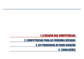 2. COMPETÊNCIAS PARA AS PRÓXIMAS DÉCADAS
1. O DESAFIO DAS COMPETÊNCIAS
4. CONCLUSÕES
3. AS PEDAGOGIAS DE NOVA GERAÇÃO

 