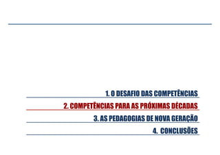 2. COMPETÊNCIAS PARA AS PRÓXIMAS DÉCADAS
1. O DESAFIO DAS COMPETÊNCIAS
4. CONCLUSÕES
3. AS PEDAGOGIAS DE NOVA GERAÇÃO

 