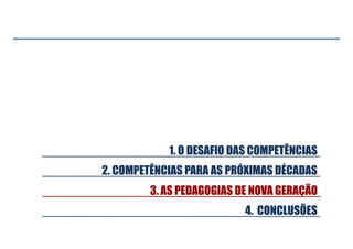 2. COMPETÊNCIAS PARA AS PRÓXIMAS DÉCADAS
1. O DESAFIO DAS COMPETÊNCIAS
4. CONCLUSÕES
3. AS PEDAGOGIAS DE NOVA GERAÇÃO

 
