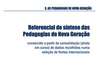 Referencial de síntese das
Pedagogias de Nova Geração
construído a partir da consolidação (ainda
em curso) de dados recolhidos numa
seleção de fontes internacionais
3. AS PEDAGOGIAS DE NOVA GERAÇÃO
 