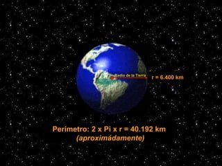 Radio de la Tierra
r = 6.400 km
Perímetro: 2 x Pi x r = 40.192 km
(aproximádamente)
 