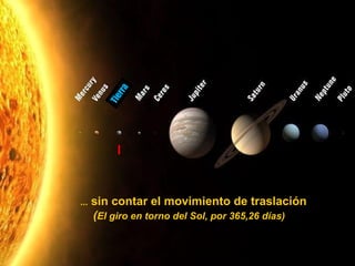 ... sin contar el movimiento de traslación
(El giro en torno del Sol, por 365,26 días)
Tierra
 