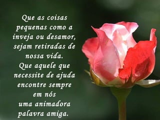 Que as coisas pequenas como a inveja ou desamor, sejam retiradas de nossa vida. Que aquele que necessite de ajuda encontre sempre em nós uma animadora palavra amiga.   