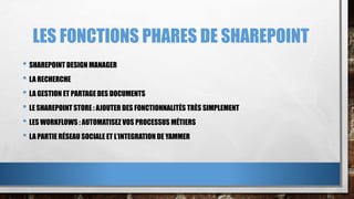LES FONCTIONS PHARES DE SHAREPOINT
• SHAREPOINT DESIGN MANAGER
• LA RECHERCHE
• LA GESTION ET PARTAGE DES DOCUMENTS
• LE SHAREPOINT STORE : AJOUTER DES FONCTIONNALITÉS TRÈS SIMPLEMENT
• LES WORKFLOWS : AUTOMATISEZ VOS PROCESSUS MÉTIERS
• LA PARTIE RÉSEAU SOCIALE ET L’INTEGRATION DE YAMMER
 