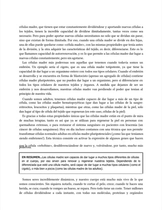 células madre, que tienen que estar constantemente dividiéndose y aportando nuevas células a
células madre, que tienen que estar constantemente dividiéndose y aportando nuevas células a
los tejidos, tienen la increíble capacidad de dividirse ilimitadamente, tantas veces como sea
los tejidos, tienen la increíble capacidad de dividirse ilimitadamente, tantas veces como sea
necesario. Pero para poder aportar nuevas células necesitamos no solo que se dividan sin parar,
necesario. Pero para poder aportar nuevas células necesitamos no solo que se dividan sin parar,
sino que existan de forma ilimitada. Por eso, cuando una célula madre se divide en dos hijas,
sino que existan de forma ilimitada. Por eso, cuando una célula madre se divide en dos hijas,
una de ellas puede quedarse como «célula madre», con las mismas propiedades que tenía antes
una de ellas puede quedarse como «célula madre», con las mismas propiedades que tenía antes
de la división, y la otra adquirir las características del tejido, es decir, diferenciarse. Esto es lo
de la división, y la otra adquirir las características del tejido, es decir, diferenciarse. Esto es lo
que llamamos capacidad de autorrenovació
que llamamos capacidad de autorrenovación, y es
n, y es lo que permite a las célu
lo que permite a las células madre dar lugar a
las madre dar lugar a
nuevas c
nuevas células constantemente, pero sin agotarse.
élulas constantemente, pero sin agotarse.
Las células madre más poderosas son aquellas que tenemos cuando todavía somos un
Las células madre más poderosas son aquellas que tenemos cuando todavía somos un
embrión. Un ejemplo sería el cigoto, que es una célula madre totipotente, ya que tiene la
embrión. Un ejemplo sería el cigoto, que es una célula madre totipotente, ya que tiene la
capacidad de dar lugar a un
capacidad de dar lugar a un organi
organismo entero con
smo entero con todos sus tipos celulares. Cuando
todos sus tipos celulares. Cuando el embrión
el embrión
se desarrolla y se encuentra en forma de blastocisto (apenas un agregado de células) contiene
se desarrolla y se encuentra en forma de blastocisto (apenas un agregado de células) contiene
células madre pluripotentes, que no pueden dar lugar a un organismo, pero sí diferenciarse en
células madre pluripotentes, que no pueden dar lugar a un organismo, pero sí diferenciarse en
todos los tipos celulares de nuestros tejidos y órganos. A medida que dejamos de ser un
todos los tipos celulares de nuestros tejidos y órganos. A medida que dejamos de ser un
embrión y nos desarrollamos, nuestras células madre van perdiendo el poder que tenían al
embrión y nos desarrollamos, nuestras células madre van perdiendo el poder que tenían al
principio de nuestra vida.
principio de nuestra vida.
Cuando somos adultos, tenemos células madre capaces de dar lugar a más de un tipo de
Cuando somos adultos, tenemos células madre capaces de dar lugar a más de un tipo de
célula, como las células madre hematopoyéticas (que dan lugar a las células de la sangre:
célula, como las células madre hematopoyéticas (que dan lugar a las células de la sangre:
eritrocitos, leucocitos y plaquetas), mientras que otras, como las células madre de la piel, solo
eritrocitos, leucocitos y plaquetas), mientras que otras, como las células madre de la piel, solo
dan lugar al tipo de célula del tejido que regeneran (en este caso, células de la piel).
dan lugar al tipo de célula del tejido que regeneran (en este caso, células de la piel).
Es gracias a todas estas propiedades únicas que las células madre están en el punto de mira
Es gracias a todas estas propiedades únicas que las células madre están en el punto de mira
de muchas terapias, tanto es así que ya se utilizan para regenerar la piel en personas con
de muchas terapias, tanto es así que ya se utilizan para regenerar la piel en personas con
quemaduras extensas, o para restaurar el sistema sanguíneo en pacientes con leucemia (un
quemaduras extensas, o para restaurar el sistema sanguíneo en pacientes con leucemia (un
cáncer de células sanguíneas). Hoy en día incluso contamos con una técnica que nos permite
cáncer de células sanguíneas). Hoy en día incluso contamos con una técnica que nos permite
transfor
transformar células n
mar células normales adultas en célu
ormales adultas en células madre pluripo
las madre pluripotenciales (¡como
tenciales (¡como las que
las que teníamos
teníamos
siendo embriones!). Esta técnica consiste en activar la expresión de algunos genes que hacen
siendo embriones!). Esta técnica consiste en activar la expresión de algunos genes que hacen
que la célula «rebobine», desdiferenciándose de nuevo y, volviéndose, por tanto, mucho más
que la célula «rebobine», desdiferenciándose de nuevo y, volviéndose, por tanto, mucho más
poderosa.
poderosa.
EN RESUMEN...
EN RESUMEN...Las células madre son capaces de dar lugar a muchos tipos diferentes de células
Las células madre son capaces de dar lugar a muchos tipos diferentes de células
en el cuerpo, por eso sirven para renovar y regenerar nuestros tejidos. Dependiendo de lo
en el cuerpo, por eso sirven para renovar y regenerar nuestros tejidos. Dependiendo de lo
diferen
diferenciada que esté una célula madre, será capaz
ciada que esté una célula madre, será capaz de dar lugar a mucho
de dar lugar a muchos t
s tipos celulares (
ipos celulares (como el
como el
cigoto), o más bien a pocos (como las células madre de los adultos).
cigoto), o más bien a pocos (como las células madre de los adultos).
Somos seres increíblemente dinámicos, y nuestro cuerpo está mucho más vivo de lo que
Somos seres increíblemente dinámicos, y nuestro cuerpo está mucho más vivo de lo que
somos conscientes. Sin siquiera notarlo, cuando te cortas el pelo, crece; cuando te haces una
somos conscientes. Sin siquiera notarlo, cuando te cortas el pelo, crece; cuando te haces una
herida, se cura; cuando te rompes un hueso, se repara. Pero todo tiene un coste. Tener millones
herida, se cura; cuando te rompes un hueso, se repara. Pero todo tiene un coste. Tener millones
de células dividiéndose a cada instante, con todas sus moléculas, proteínas y orgánulos
de células dividiéndose a cada instante, con todas sus moléculas, proteínas y orgánulos
 