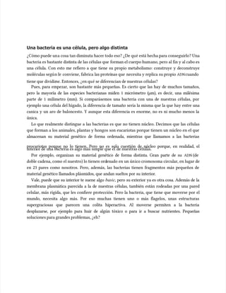 Una bacteria es una célula, pero algo distinta
Una bacteria es una célula, pero algo distinta
¿Cómo puede un
¿Cómo puede una cosa tan diminuta hacer todo eso? ¿De qu
a cosa tan diminuta hacer todo eso? ¿De qué está hecha para conseguirlo? Una
é está hecha para conseguirlo? Una
bacteria es bastante dist
bacteria es bastante distinta de las células que
inta de las células que forman el cuerpo hum
forman el cuerpo humano, pero al fin y al cabo es
ano, pero al fin y al cabo es
una célula. Con esto me refiero a que tiene su propio metabolismo: construye y deconstruye
una célula. Con esto me refiero a que tiene su propio metabolismo: construye y deconstruye
moléculas segú
moléculas según le
n le conviene, fabrica las proteí
conviene, fabrica las proteínas que
nas que necesita y replica su propio
necesita y replica su propio ADN
ADNcuando
cuando
tiene que dividir
tiene que dividirse. Entonces, ¿en qu
se. Entonces, ¿en qué se diferencian de nuestras células?
é se diferencian de nuestras células?
Pues, para empezar, son bastante más pequeñas. Es cierto que las hay de muchos tamaños,
Pues, para empezar, son bastante más pequeñas. Es cierto que las hay de muchos tamaños,
pero la mayoría de las especies bacterianas miden 1 micrómetro (µm), es decir, una milésima
pero la mayoría de las especies bacterianas miden 1 micrómetro (µm), es decir, una milésima
parte de 1 milímetro (mm). Si comparásemos una bacteria con una de nuestras células, por
parte de 1 milímetro (mm). Si comparásemos una bacteria con una de nuestras células, por
ejemplo una célula del hígado, la diferencia de tamaño sería la misma que la que hay entre una
ejemplo una célula del hígado, la diferencia de tamaño sería la misma que la que hay entre una
canica y un aro de baloncesto. Y aunque esta diferencia es enorme, no es ni mucho menos la
canica y un aro de baloncesto. Y aunque esta diferencia es enorme, no es ni mucho menos la
única.
única.
Lo que realmente distingue a las bacterias es que no tienen núcleo. Decimos que las células
Lo que realmente distingue a las bacterias es que no tienen núcleo. Decimos que las células
que forman a los animales, plantas y hongos son eucariotas porque tienen un núcleo en el que
que forman a los animales, plantas y hongos son eucariotas porque tienen un núcleo en el que
almacenan su material genético de forma ordenada, mientras que llamamos a las bacterias
almacenan su material genético de forma ordenada, mientras que llamamos a las bacterias
procariotas porque no lo tienen. Pero no es solo cuestión de núcleo porque, en realidad, el
procariotas porque no lo tienen. Pero no es solo cuestión de núcleo porque, en realidad, el
interi
interior de una bacteria es algo más simple que el
or de una bacteria es algo más simple que el de nuestras células.
de nuestras células.
Por ejemplo, organizan su material genético de forma distinta. Gran parte de su
Por ejemplo, organizan su material genético de forma distinta. Gran parte de su ADN
ADN (de
(de
doble cadena, como el nuestro) lo tienen ord
doble cadena, como el nuestro) lo tienen ordenado en un ún
enado en un único cromosoma circular, en lugar de
ico cromosoma circular, en lugar de
en 23 pares como nosotros. Pero, además, las bacterias tienen fragmentos más pequeños de
en 23 pares como nosotros. Pero, además, las bacterias tienen fragmentos más pequeños de
material genético llamados plásmidos, que andan sueltos por su interior.
material genético llamados plásmidos, que andan sueltos por su interior.
Vale, puede que su interior te suene algo
Vale, puede que su interior te suene algo basic
basic, pero su exterior ya es otra cosa. Además de la
, pero su exterior ya es otra cosa. Además de la
membrana plasmática parecida a la de nuestras células, también están rodeadas por una pared
membrana plasmática parecida a la de nuestras células, también están rodeadas por una pared
celular, más rígida, que les confiere protección. Pero la bacteria, que tiene que moverse por el
celular, más rígida, que les confiere protección. Pero la bacteria, que tiene que moverse por el
mundo, necesita algo más. Por eso muchas tienen uno o más flagelos, unas estructuras
mundo, necesita algo más. Por eso muchas tienen uno o más flagelos, unas estructuras
supergraciosas que parecen una colita hiperactiva. Al moverse permiten a la bacteria
supergraciosas que parecen una colita hiperactiva. Al moverse permiten a la bacteria
desplazarse, por ejemplo para huir de algún tóxico o para ir a buscar nutrientes. Pequeñas
desplazarse, por ejemplo para huir de algún tóxico o para ir a buscar nutrientes. Pequeñas
soluciones para grandes problemas, ¿eh?
soluciones para grandes problemas, ¿eh?
 