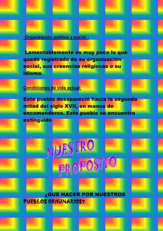 Organización política y social :


 Lamentablemente es muy poco lo que
quedó registrado de su organización
social, sus creencias religiosas o su
idioma.

Condiciones de vida actual:

Este pueblo desapareció hacia la segunda
mitad del siglo XVII, en manos de
encomenderos. Este pueblo se encuentra
extinguido




      ¿QUE HACER POR NUESTROS
PUEBLOS ORIGINARIOS?
 