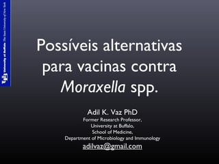 Possíveis alternativas
para vacinas contra
Moraxella spp.
Adil K. Vaz PhD
Former Research Professor,
University at Buffalo,
School of Medicine,
Department of Microbiology and Immunology

adilvaz@gmail.com

 
