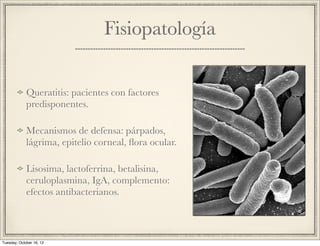 Fisiopatología


             Queratitis: pacientes con factores
             predisponentes.

             Mecanismos de defensa: párpados,
             lágrima, epitelio corneal, ﬂora ocular.

             Lisosima, lactoferrina, betalisina,
             ceruloplasmina, IgA, complemento:
             efectos antibacterianos.



Tuesday, October 16, 12
 