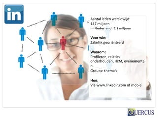 Aantal leden wereldwijd:
147 miljoen
In Nederland: 2,8 miljoen

Voor wie:
Zakelijk georiënteerd

Waarom:
Profileren, relaties
onderhouden, HRM, evenemente
n
Groups: thema’s

Hoe:
Via www.linkedin.com of mobiel
 