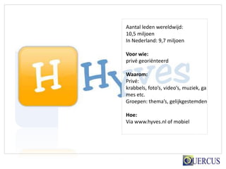 Aantal leden wereldwijd:
10,5 miljoen
In Nederland: 9,7 miljoen

Voor wie:
privé georiënteerd

Waarom:
Privé:
krabbels, foto’s, video’s, muziek, ga
mes etc.
Groepen: thema’s, gelijkgestemden

Hoe:
Via www.hyves.nl of mobiel
 