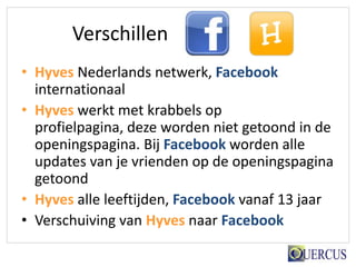 Verschillen
• Hyves Nederlands netwerk, Facebook
  internationaal
• Hyves werkt met krabbels op
  profielpagina, deze worden niet getoond in de
  openingspagina. Bij Facebook worden alle
  updates van je vrienden op de openingspagina
  getoond
• Hyves alle leeftijden, Facebook vanaf 13 jaar
• Verschuiving van Hyves naar Facebook
 
